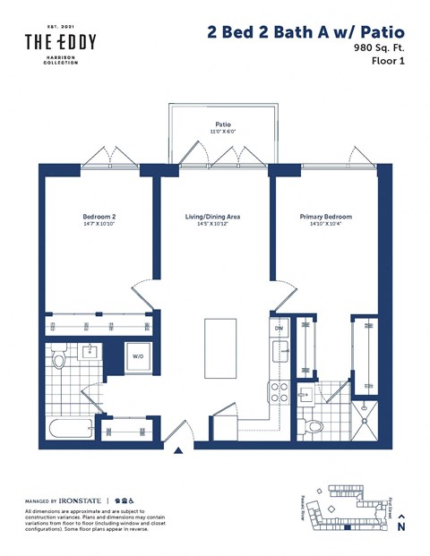 a blueprint of a 2 bed 2 bath floor plan
